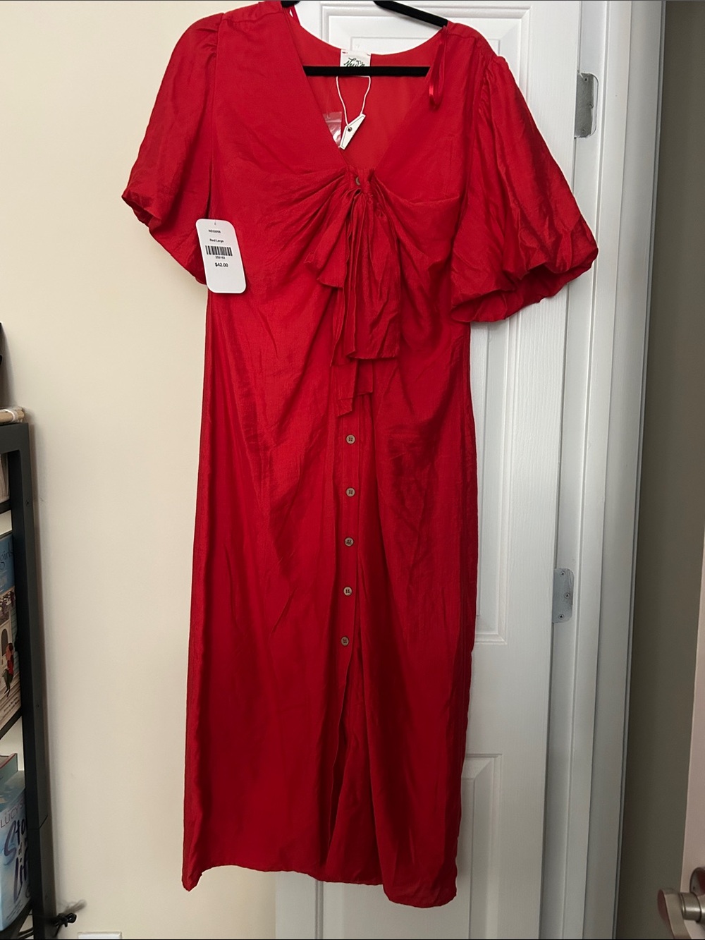 Red Tie-Front Button Midi Dress with Puff Sleeves